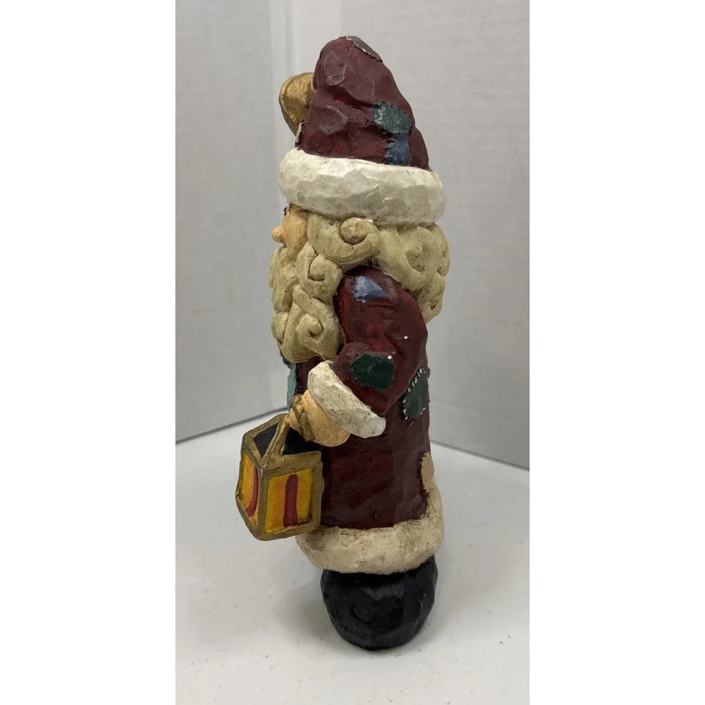 Vtg Resin Patchwork Santa Claus Holding Teddy Wreath‎ & Lantern Figurine